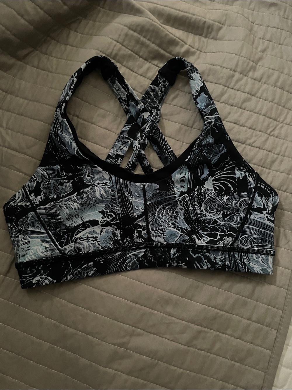 lululemon athletica Black and Light Gray Blue Patterned Crisscross Sports Bra